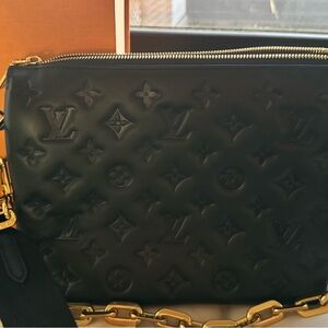 Louis Vuitton Coussin PM Black Embossed Crossbody Bag with Gold Accents